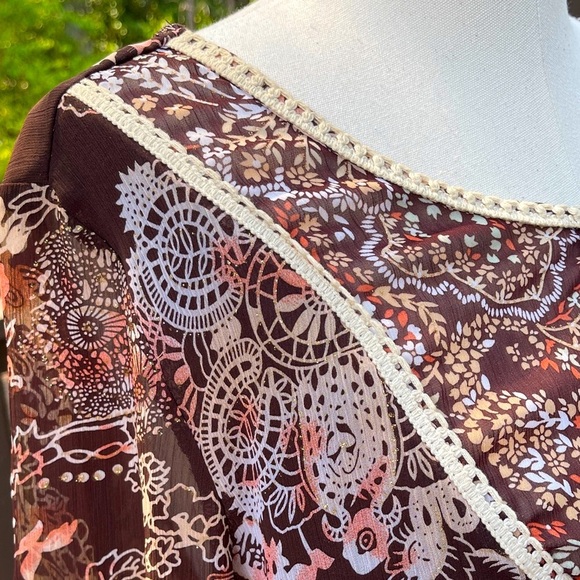 Boho Floral Women's Peasant Top - Brown Size XL - Picture 4 of 10
